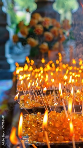 Many burning wax candles in orthodox church or temple for ceremony easter. Background orange candles easter burn in orthodox temples.