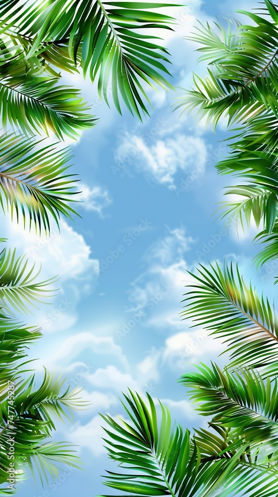 Palm sunday concept: Leaves frame of coconut branches with cloudy blue sky background Palm sunday concept: Leaves frame of coconut branches with cloudy blue sky background