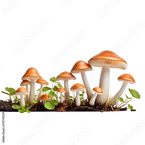 Group of honey agaric mushrooms in moss isolated on transparent background png file