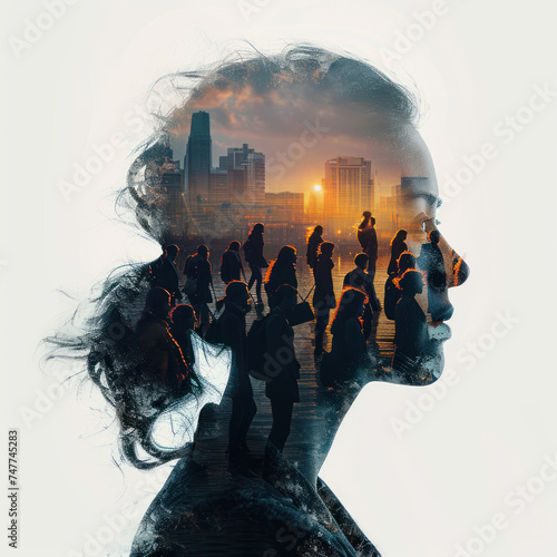 Silhouette businesswoman with double exposure of people and cityscape
