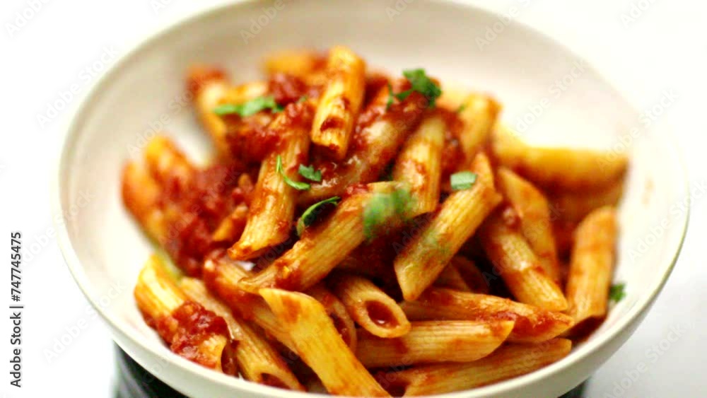 Penne with parsley in slow motion. Slo mo of italian pasta sauce. Rotating footage of clean food. Wholefoods and vegetarian healthy plant based vegan food. 4k cooking shallow depth of field Penne with parsley in slow motion. Slo mo of italian pasta sauce. Rotating footage of clean food. Wholefoods and vegetarian healthy plant based vegan food. 4k cooking shallow depth of field