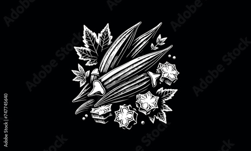 many okra monochrome okra logo black and white sticker of okra black and white badge of okra black and white patch of okra white outlines isolated on black background okra black and white logo