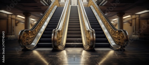 An escalator with a golden railing ascends inside a building, providing a modern and efficient way for people to move between floors. photo