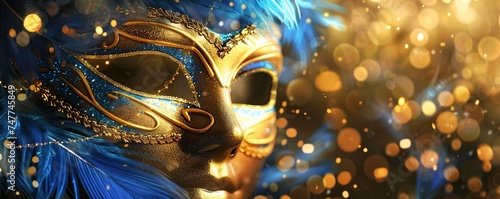 Realistic luxury carnival mask with blue feathers. Abstract blurred background, gold dust, and light effects. © Sanych
