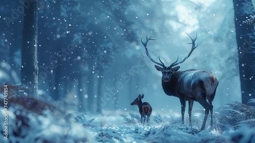 Majestic stag and doe in a snowy forest with a serene snowfall ambiance