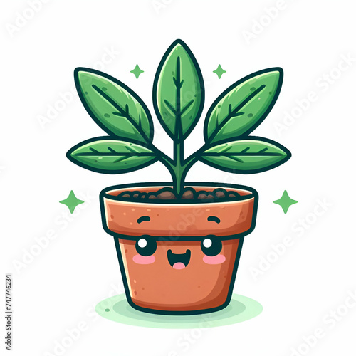 Vector cute plant in pot kawaii character white background