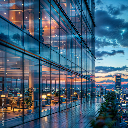 Modern office building with reflection on glass wall and night cityscape.