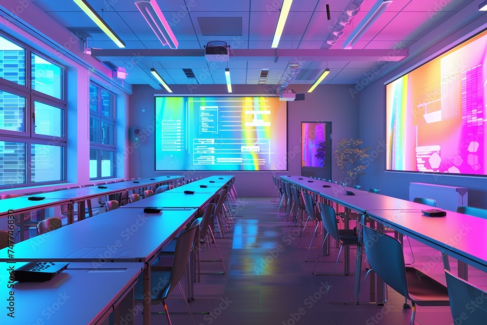 A modern classroom in the future, students learning through interactive 3D projections and virtual reality headsets ,Back to school concept
