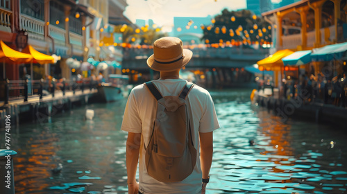Young Man Overlooking a City River with Backpack in Clarke Quay Central in Singapore © vanilnilnilla