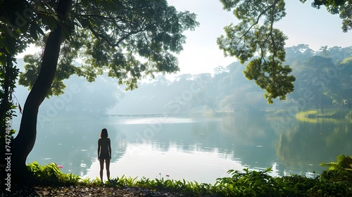Woman in a Mysterious Jungle Style by a Lake in a Tranquil Setting