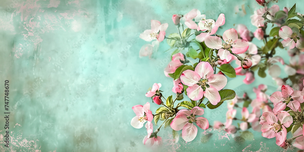 Spring nature background with lovely blossom in blue pastel color, top view retro banner. Springtime concept with weathered background for copy space. Mother’s Day floral illustration by Vita - obrazy, fototapety, plakaty 