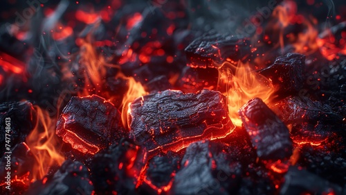 Close-up of red-hot grill briquettes capturing the edgy intensity of a fiery cookout. photo