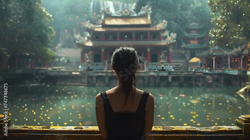Woman Looking Over the Water in Chinese Temple