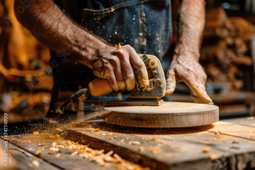 a skillful Carpenter sanding wood piece with sander and building handmade furniture piece in workshop © Kien