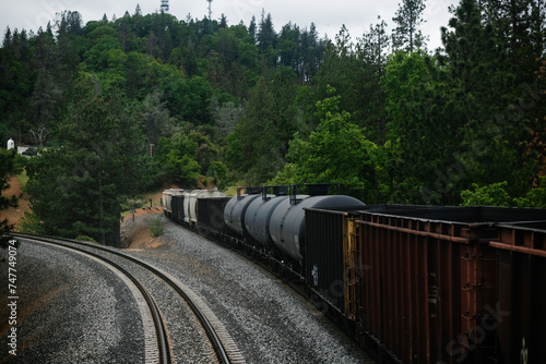 A long train with a mixed manifest of boxcars and tankcars, showing freight of goods such as fossil fuels and phosphate. The train is in a forest, alluding to the vast distances of American transport. photo