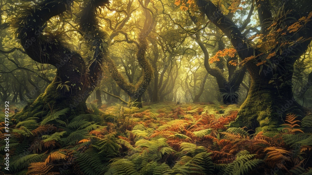Temperate deciduous forest autumn forest red orange.An ancient forest with giant trees and a carpet of ferns oak beech maple. Daytime mysterious and ancient nature landscape fantasy nature background
 - obrazy, fototapety, plakaty 