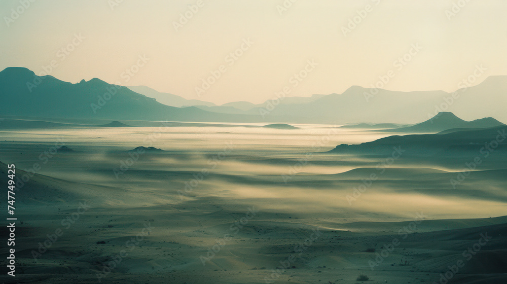 analogue still high angle shot of a foggy Dessert landscape