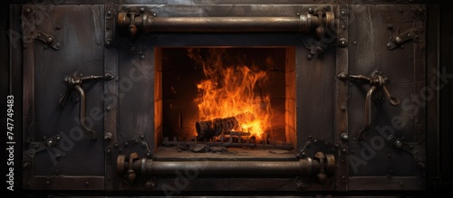 A close-up view of a burning flame inside an old metal fireplace, casting a warm and flickering glow in a cozy room. The flames dance and crackle, creating a comforting ambiance.