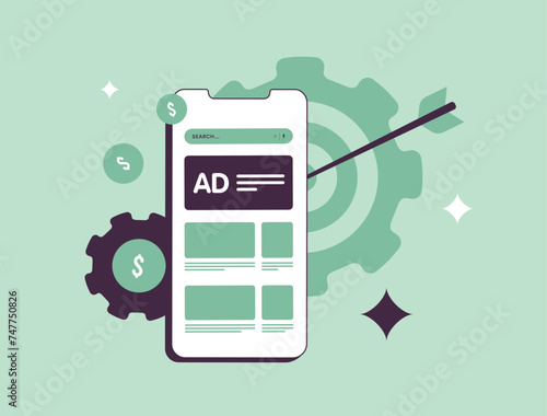 Maximize PPC revenue with effective ad strategies. Boost campaign profitability, drive ad revenue growth and optimize online advertising for exceptional ROI. Vector illustration on mint background