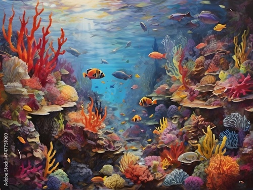 An underwater scene teeming with coral reefs and tropical fish in a rainbow of colors Generative AI