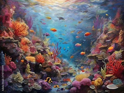 An underwater scene teeming with coral reefs and tropical fish in a rainbow of colors Generative AI © Haroon