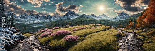 Beautiful mountain landscape. 4 seasons. All seasons in one picture. Forest blooming alpine valley. Mountain stream. Winter, spring, summer, autumn. © derplan13
