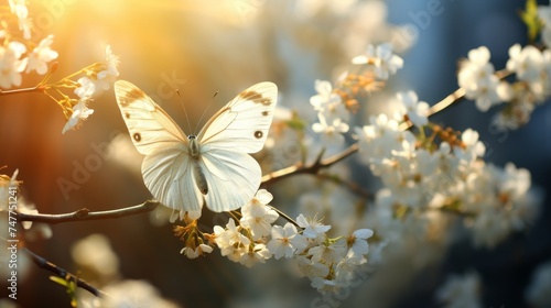 Beautiful Butterfly on a delicate white spring flower in spring in the rays of transparent sunlight of the morning sun Generative AI