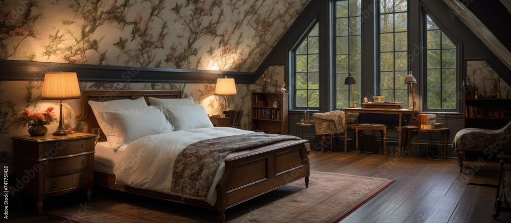 A well-lived-in bedroom in an attic-style home featuring a large bed and a desk on wood flooring. The room is cozy and practical, with a functional layout for rest and work. A well-lived-in bedroom in an attic-style home featuring a large bed and a desk on wood flooring. The room is cozy and practical, with a functional layout for rest and work.