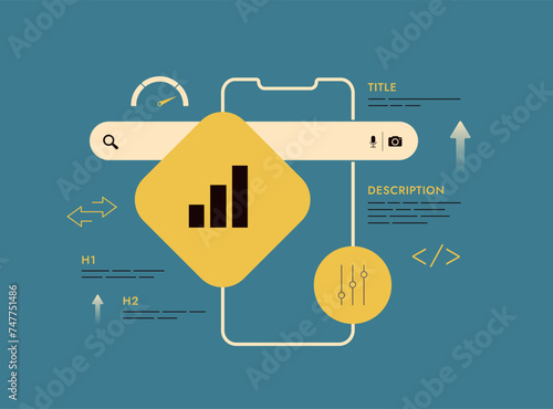 Technical SEO optimization, on-page SEO, website performance tuning, search engine ranking factors, h1 meta tags, title, sitemap, internal links, description. Web development vector illustration