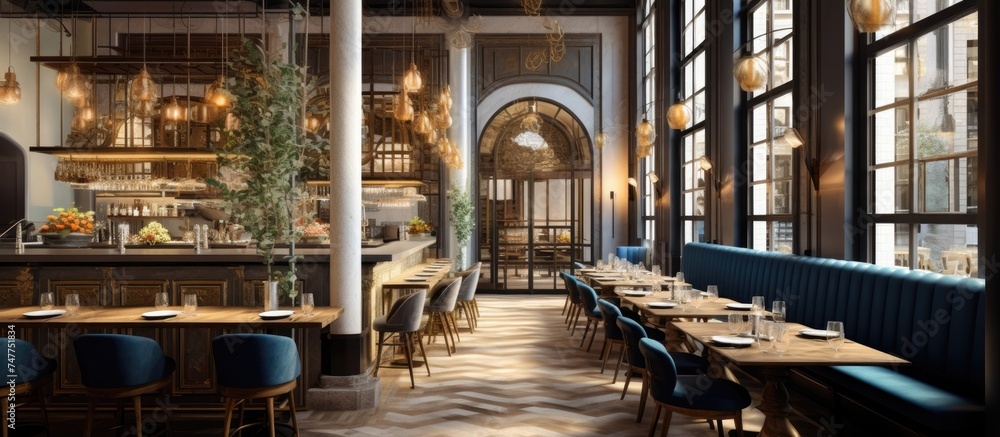 A restaurant interior featuring a long table surrounded by blue chairs, situated in a brand new European establishment in downtown.