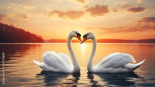 Heart shape of love symbol from the neck of two white swans