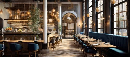 A restaurant interior featuring a long table surrounded by blue chairs, situated in a brand new European establishment in downtown.