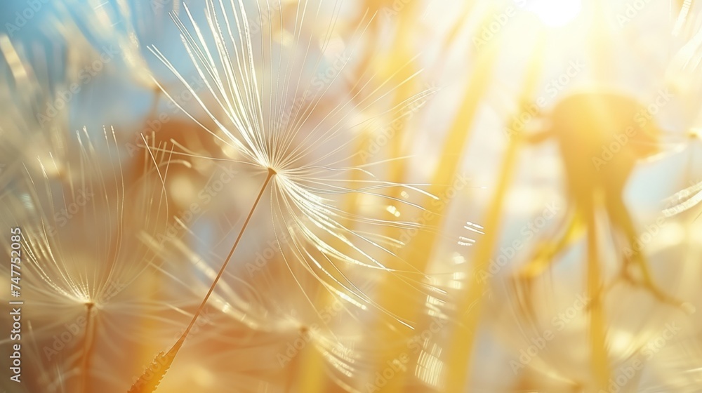 Naklejka premium Close-up: dandelion stamen suspended in air on a sunny day with an extreme depth of field.