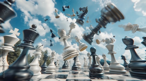Chess figures battle: white vs. black, in the air above the chessboard with debris. Photorealistic. Unexpected camera angle.