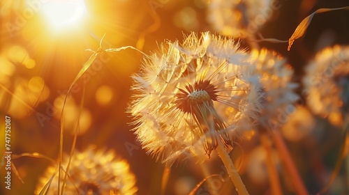 Close-up of a dandelion stamen in the air on a sunny day with extreme depth of field.