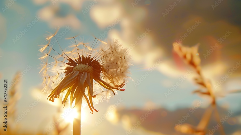 Close-up of a single dandelion stamen in the air against a sunny sky background, with an extreme depth of field.