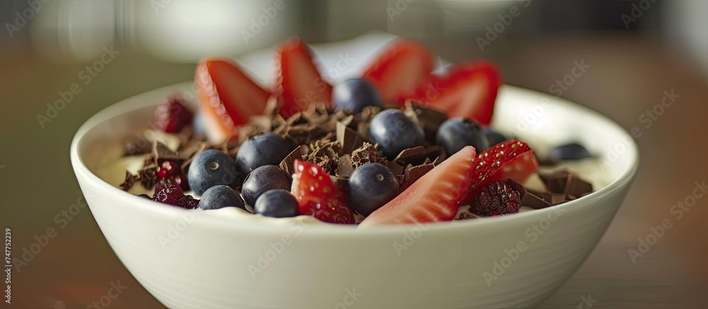 A bowl filled with breakfast granola in cocoa cream yogurt topped with fresh strawberries and blueberries, creating a colorful and healthy meal. A bowl filled with breakfast granola in cocoa cream yogurt topped with fresh strawberries and blueberries, creating a colorful and healthy meal.