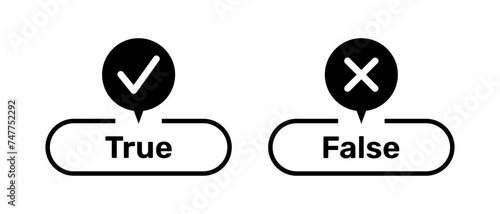 Right and Wrong symbols with True and False buttons black color. True and False buttons with right and wrong symbols. Check box icon with tick and cross symbols with true or false buttons vector.