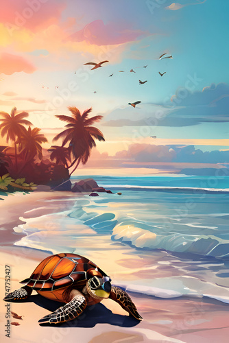 Turtle on the beach in the evening. Illustration for your design © Waqas