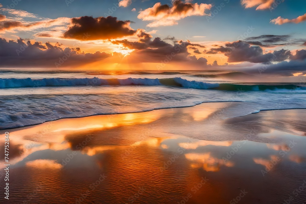 Colorful, cloudy ocean sunrise with reflection in wet sea Colorful, cloudy ocean sunrise with reflection in wet sea