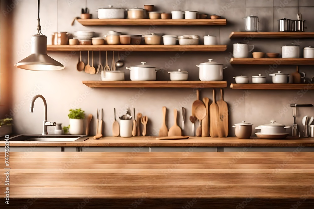 Brown tabletop with copyspace over blurred kitchen shelves with utensils Brown tabletop with copyspace over blurred kitchen shelves with utensils