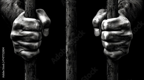 Two men's hands hold prison bars up close. Realistic.