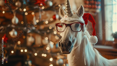 Unicorn with glasses and a hat near a happy New Year's tree in the house.