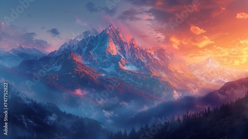 Dawn's embrace over serene mountain range with sky awash in pink and blue hues. photo