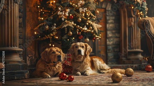 Two golden retrievers posing in a festive holiday scene with Christmas decorations
