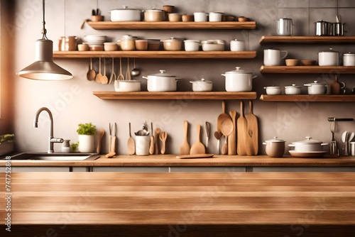 Brown tabletop with copyspace over blurred kitchen shelves with utensils
