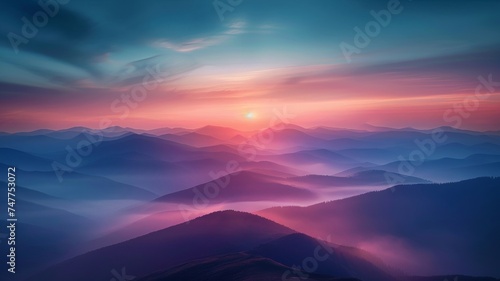 Dawn's embrace over serene mountain range with sky awash in pink and blue hues. © sopiangraphics