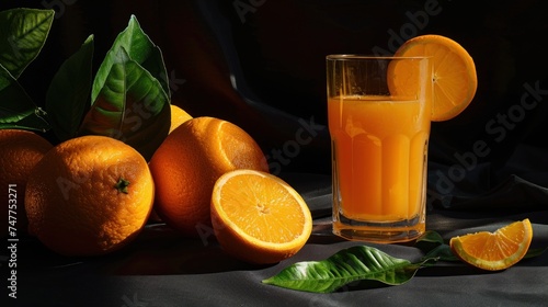 fresh orange fruit and a glass of orange juice