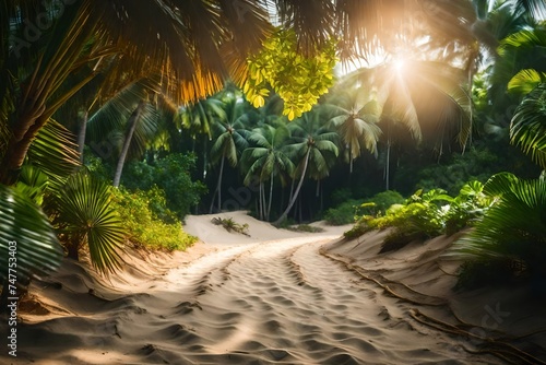 Copyspace photo show pathway to business success and total freedom in this world. Sandy pathway between the trees on a tropical beach with infinite possibilities