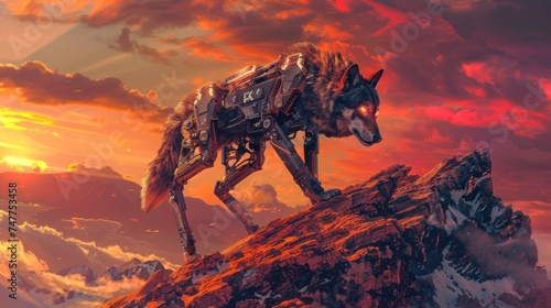 SMART WOLF ROBOT UNDER A RED SKY ON A MOUNTAIN TOP